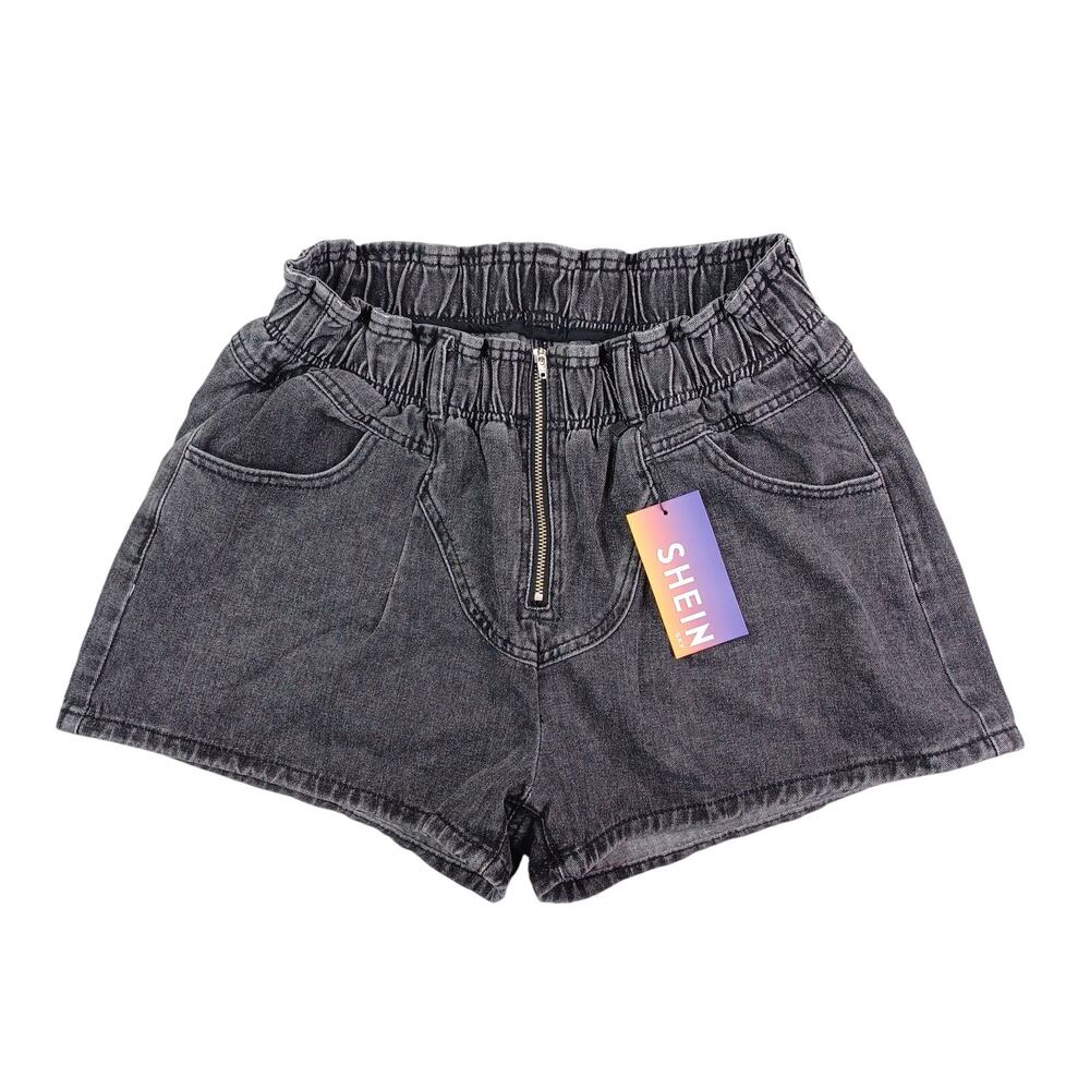 SHEIN Paper Bag Denim Shorts Women Size 31 Black Jean Baggy Loose Grunge Gothic